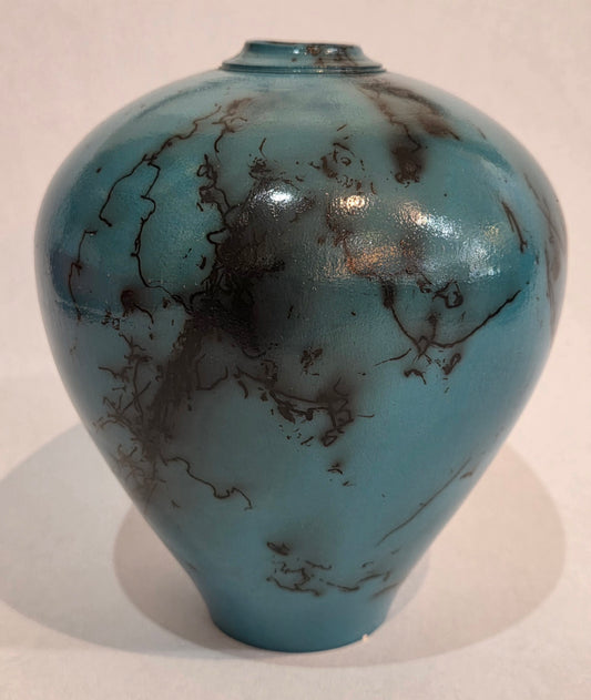 Small Turquoise Horsehair Raku Pot by Bob Smith