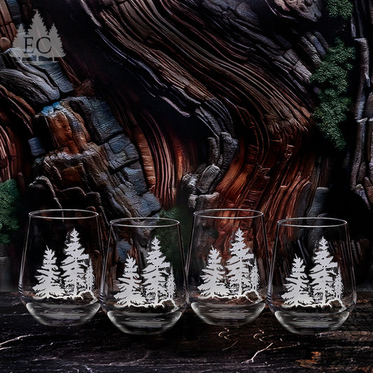Pine Trees Crystal Stemless Wine Glasses