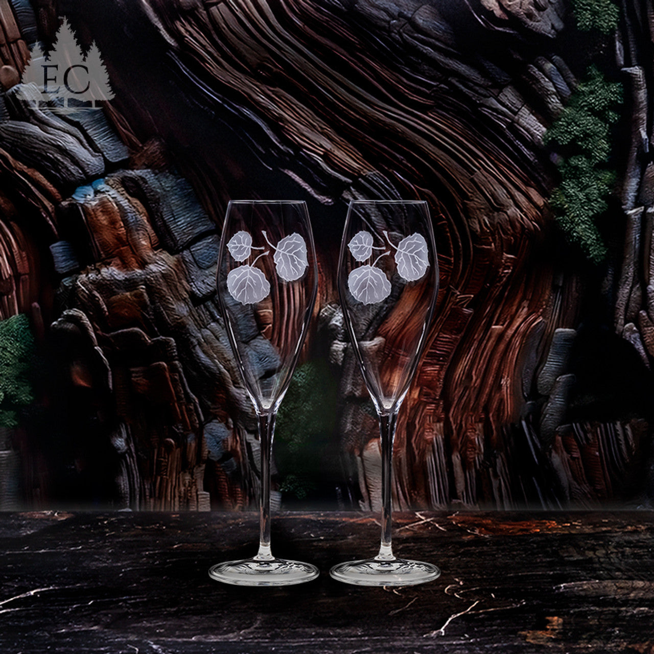 Aspen Leaves Crystal Flutes, Set of 2