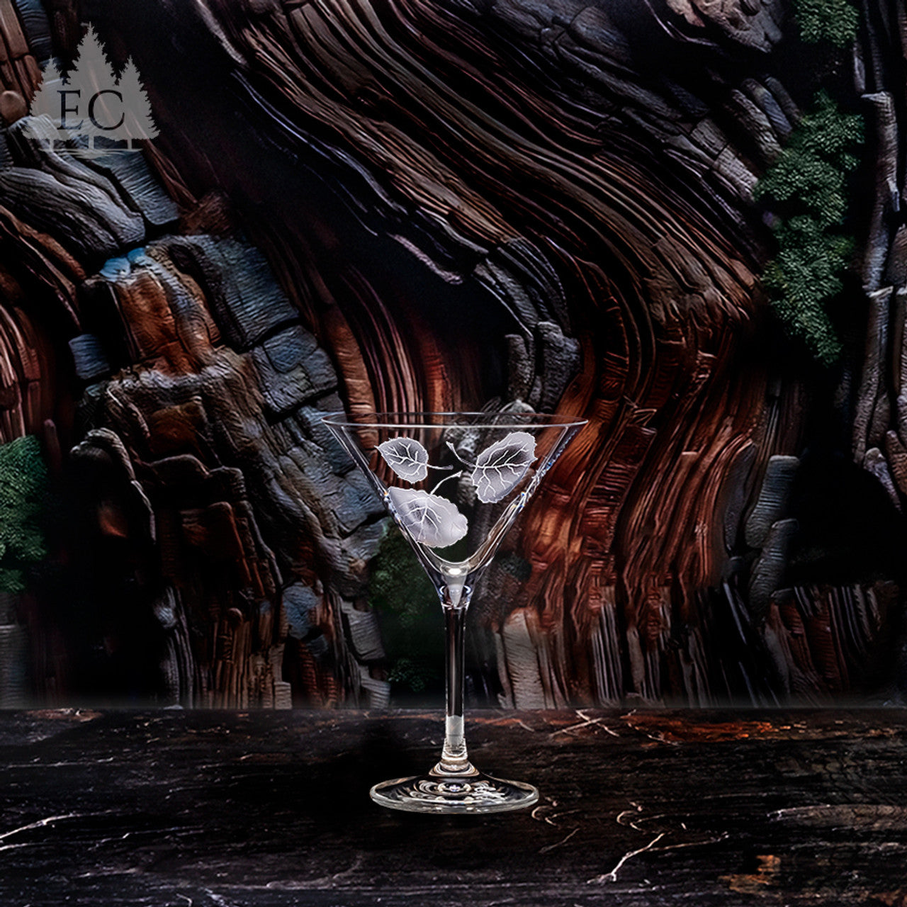 Evergreen Crystal Aspen Leaves Martini Glass