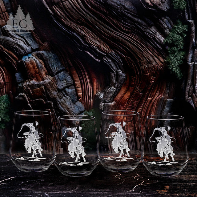Bronco Rider Crystal Stemless Wine Glasses