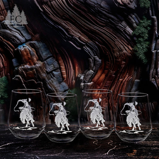 Bronco Rider Crystal Stemless Wine Glasses