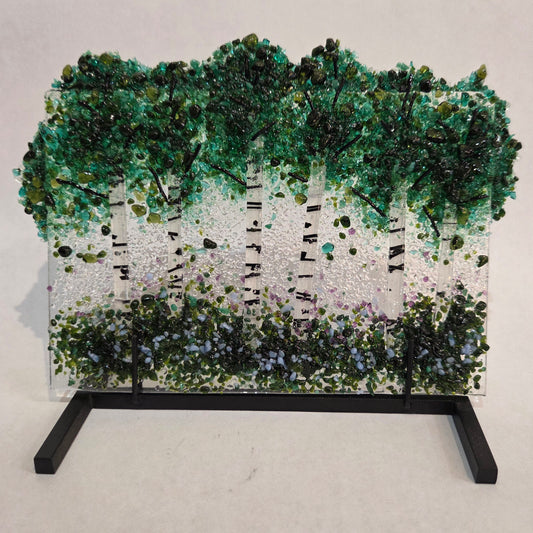 Summer Aspen Trees - Fused Glass Panel and Stand