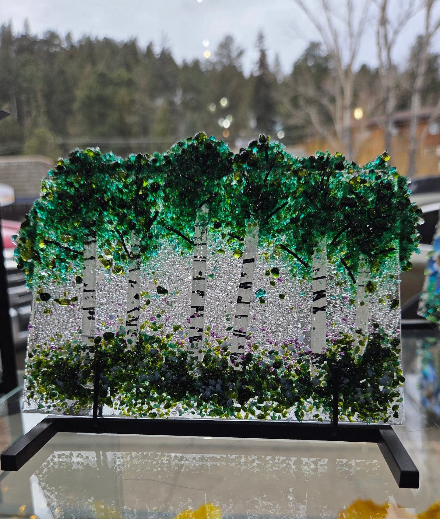 Summer Aspen Trees - Fused Glass Panel and Stand