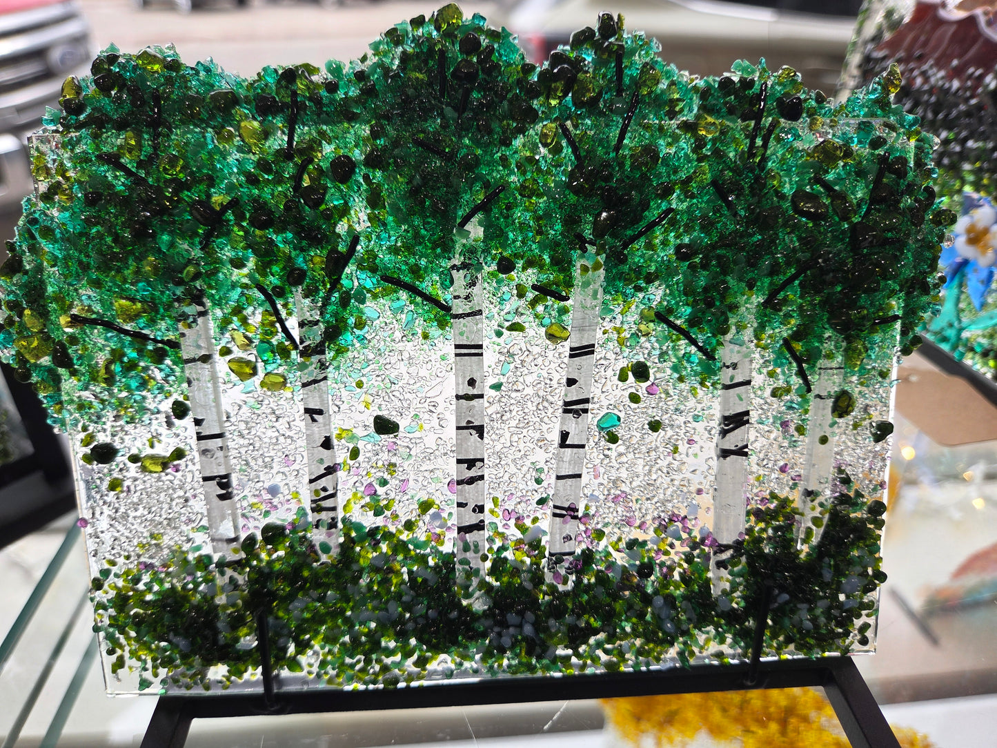 Summer Aspen Trees - Fused Glass Panel and Stand