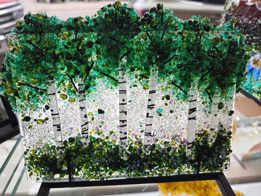 Summer Aspen Trees - Fused Glass Panel and Stand