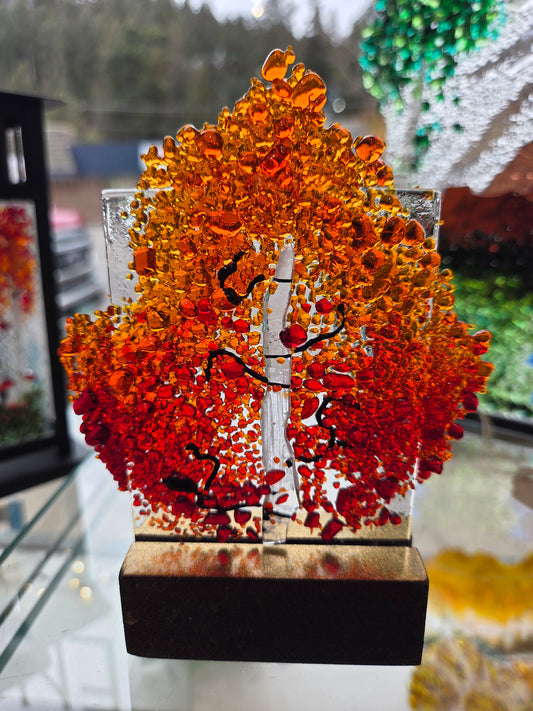 Red and Orange Aspen Tree - Fused Glass Panel with Wooden Stand