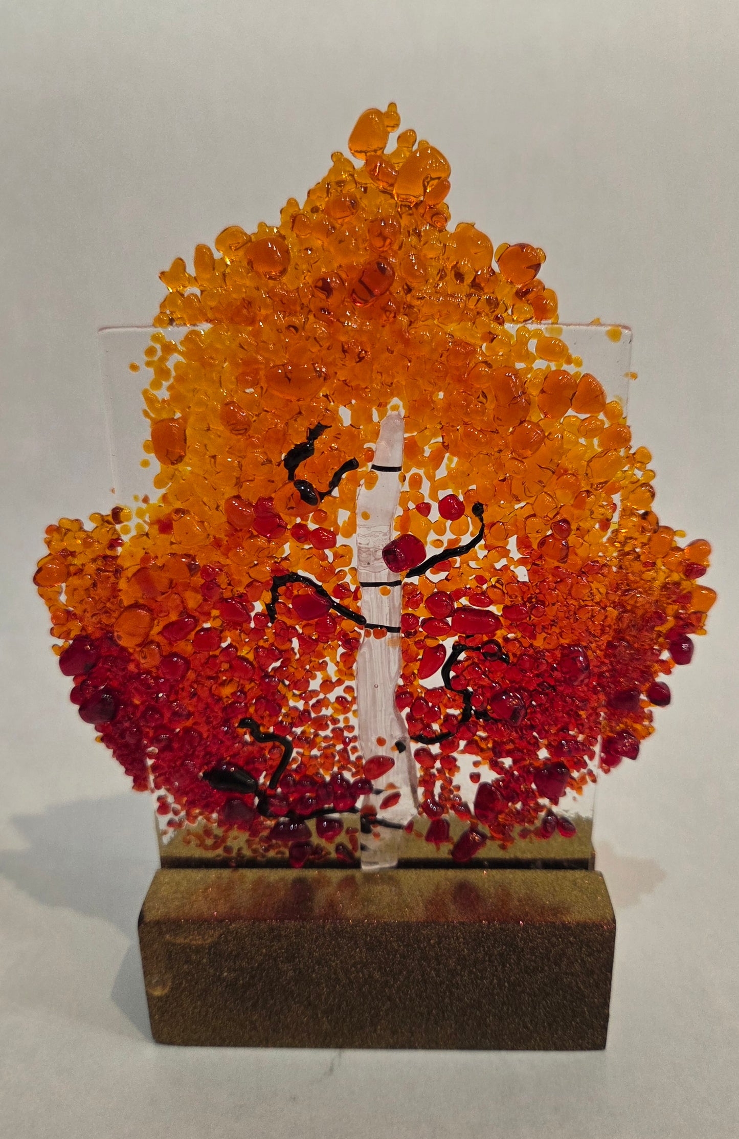 Red and Orange Aspen Tree - Fused Glass Panel with Wooden Stand