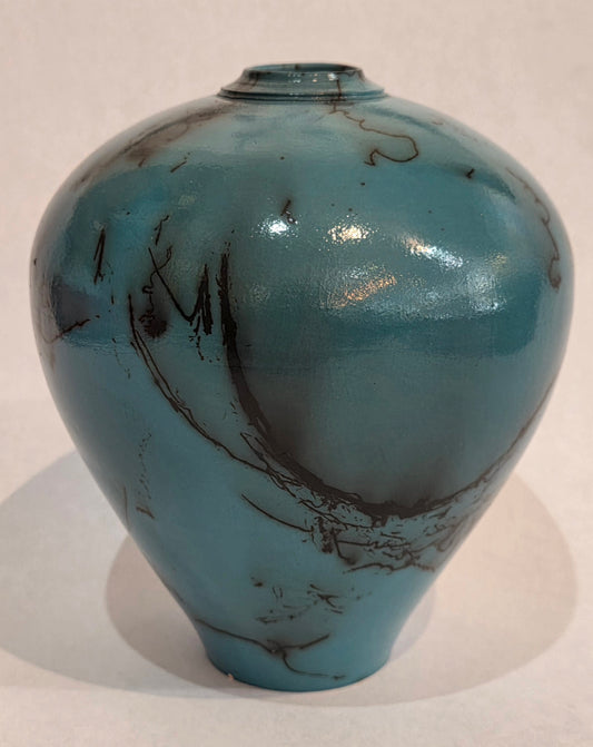 Small Turquoise Horsehair Raku Pot by Bob Smith