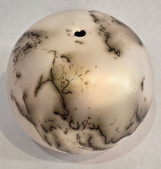 Round White and Gold Horsehair Raku Pot by Bob Smith