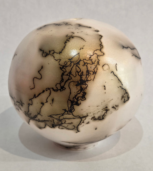 Round White and Gold Horsehair Raku Pot by Bob Smith