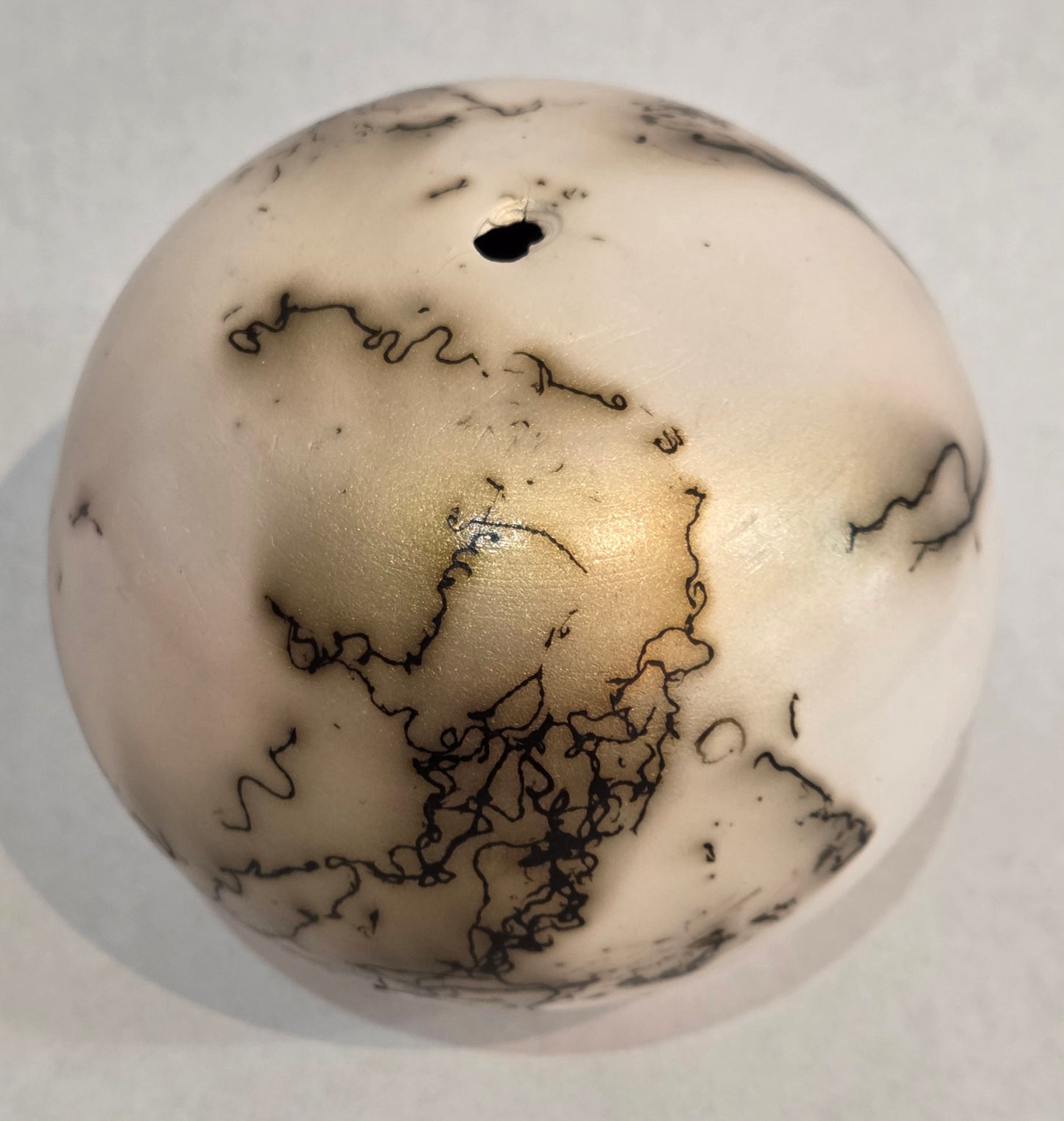 Round White and Gold Horsehair Raku Pot by Bob Smith