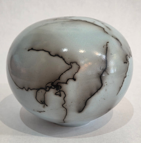 Small Round Light Turquoise Blue Horsehair Raku Pot by Bob Smith
