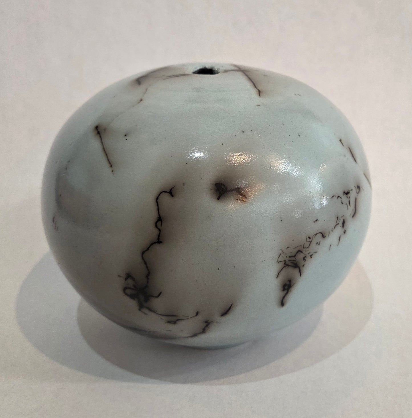 Small Round Light Turquoise Blue Horsehair Raku Pot by Bob Smith