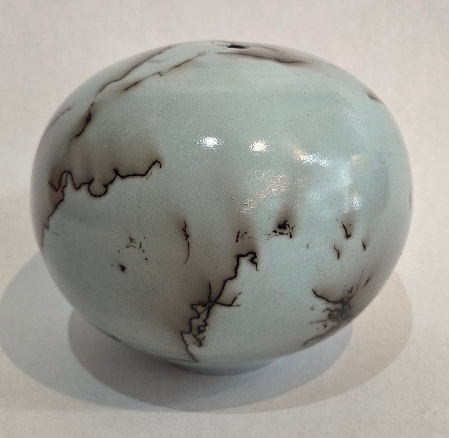 Small Round Light Turquoise Blue Horsehair Raku Pot by Bob Smith