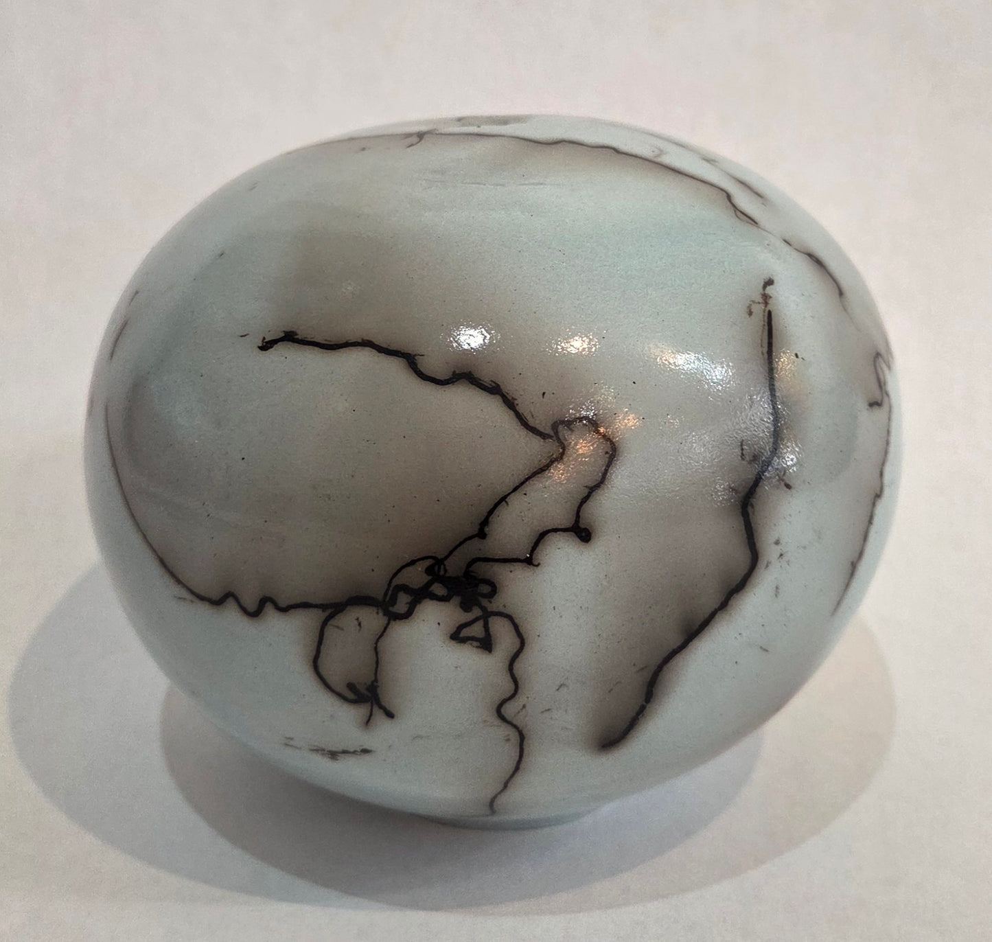 Small Round Light Turquoise Blue Horsehair Raku Pot by Bob Smith