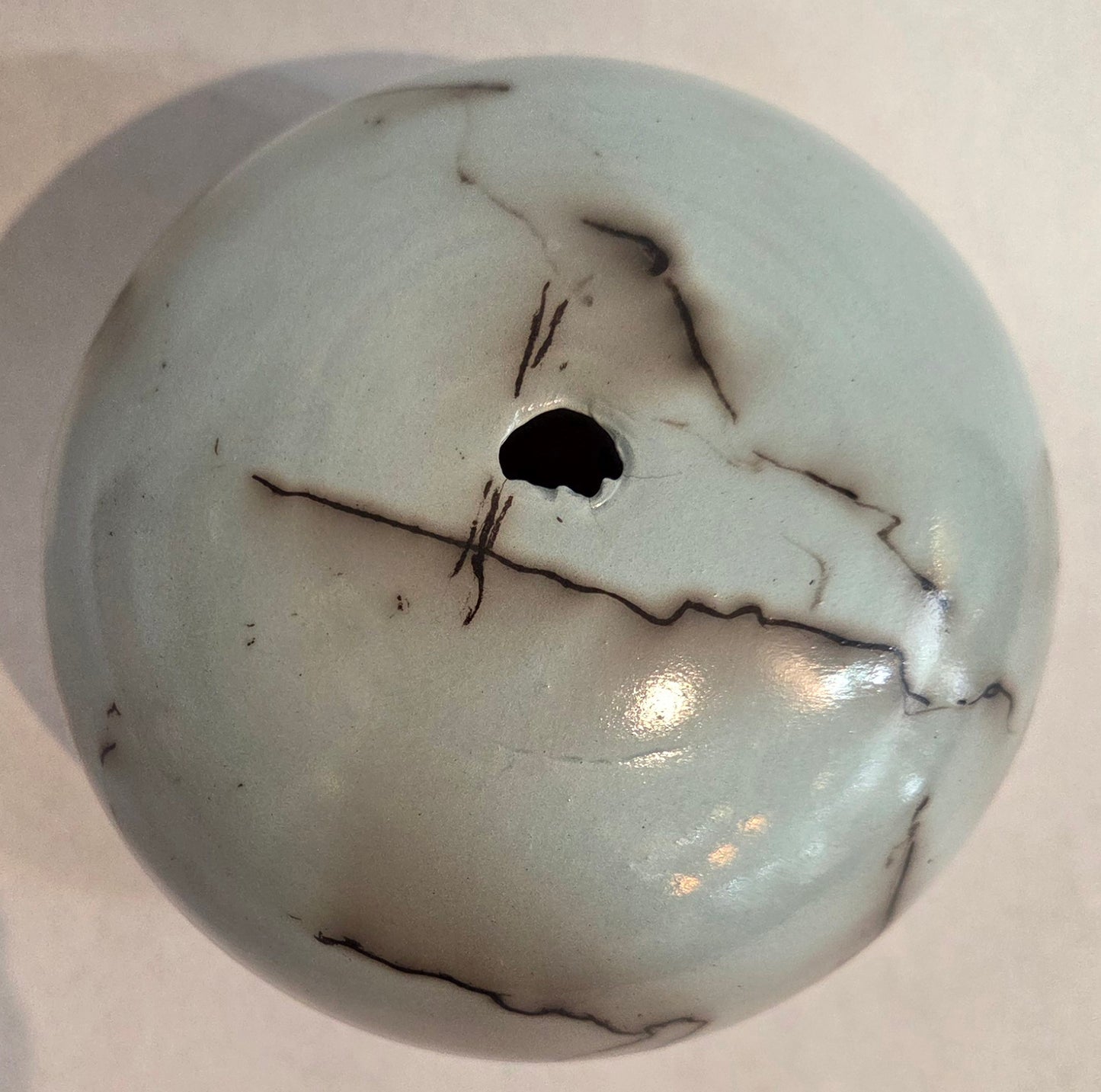 Small Round Light Turquoise Blue Horsehair Raku Pot by Bob Smith