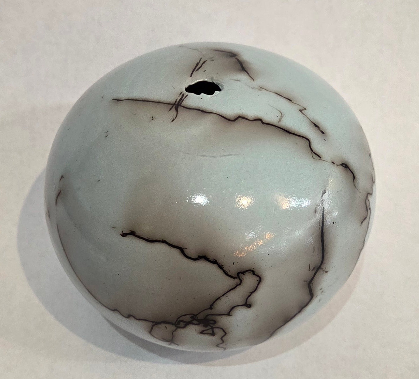 Small Round Light Turquoise Blue Horsehair Raku Pot by Bob Smith