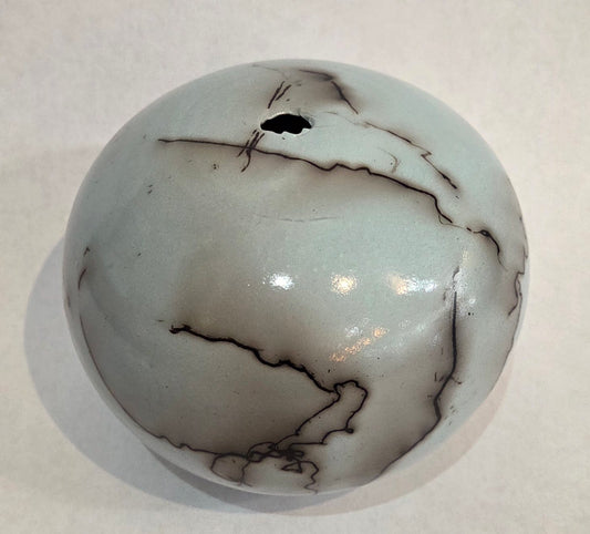 Small Round Light Turquoise Blue Horsehair Raku Pot by Bob Smith